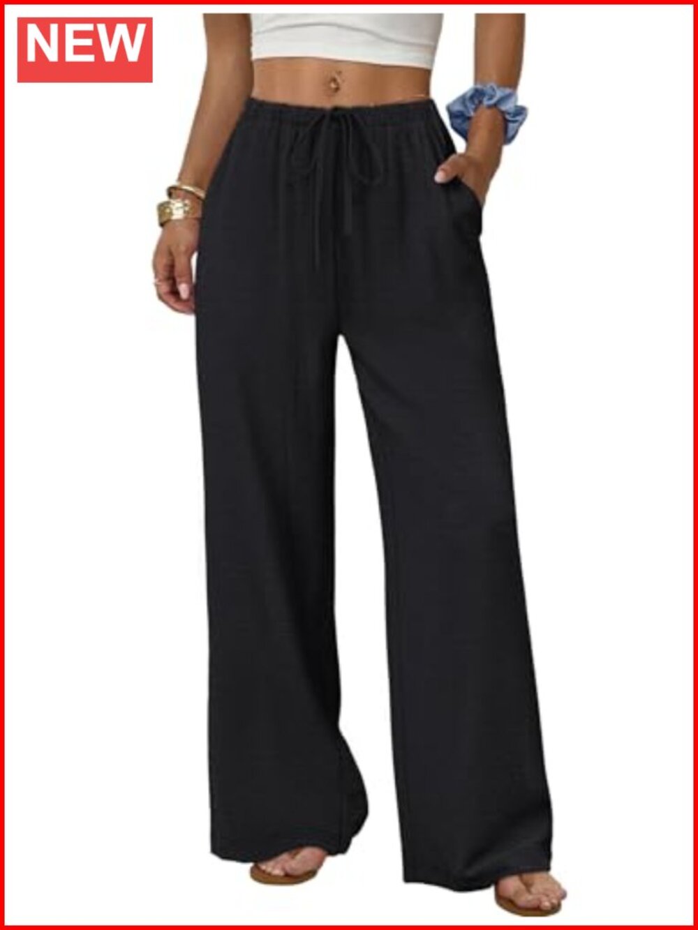 Wide Leg Palazzo Pants Drawstring Elastic Waist with Pockets
